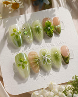 FourLeaf - Rebel Clover press-on nails — Fresh Matcha Green, 3D Clovers & Bows. handmade nail art by Joyee Nails