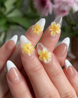 Fresh Spring press-on nails — Summer Plumeria, French Pearls & 3D Flowers. handmade nail art by Joyee Nails