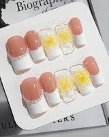 Fresh Spring press-on nails in medium square shape — Summer Plumeria, French Pearls & 3D Flowers.