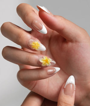 Fresh Spring handmade press-on nails featuring Summer Plumeria, French Pearls & 3D Flowers.