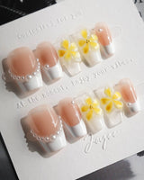 Fresh Spring press-on nails in short coffin shape — Summer Plumeria, French Pearls & 3D Flowers.