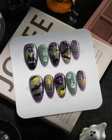 Fright Night handmade press-on nails in medium almond shape by Joyee Nails