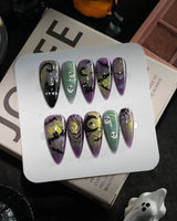 Fright Night handmade press-on nails in medium stiletto shape by Joyee Nails