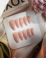 Frost Petals press-on nail set — Sheer Nude Pink, Delicate White Snowflakes. design, hand-painted with real gel polish