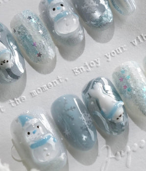 Frosty Friends press-on nails — Glacial Gray & Translucent