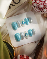 Frozen Dream press-on nails — ice blue ombre silver chrome snowflake charm handmade nail art by Joyee Nails