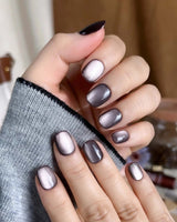 Fume press-on nail set — taupe brown cat eye design, hand-painted with real gel polish