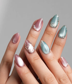 Gemstone Petals handmade press-on nails featuring Contrast Morandi, Hand-painted Gold Leaf & Pearls.