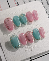 Gemstone Petals press-on nails in short oval shape — Contrast Morandi, Hand-painted Gold Leaf & Pearls.