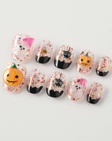 Ghost Kiki press-on nails in extra short oval shape — Orange & Black Halloween, 3D Pumpkin & Ghost Glitters.