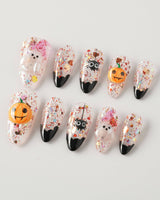 Ghost Kiki press-on nails in short almond shape — Orange & Black Halloween, 3D Pumpkin & Ghost Glitters.