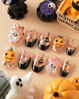 Ghost Kiki handmade press-on nails featuring Orange & Black Halloween, 3D Pumpkin & Ghost Glitters.