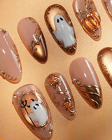Ghost Portrait press on nails with ghosts in raised gold frames, gold filigree, pearls and a 3D copper pumpkin on copper cat eye - image 3
