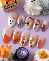 Ghostlight handmade press-on nails featuring Playful Halloween, Pumpkin & Ghost Glitters.