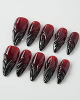 Ghoul Glam press-on nail set — Dark Red & Black, 3D Liquid Flow. design, hand-painted with real gel polish