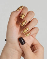 Ginger Plaid nails with dark chocolate gel color, yellow plaid details, and polished finish