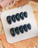 Glint Aurora press-on nails — deep teal cat eye shimmer handmade nail art by Joyee Nails