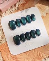 Glint Aurora press-on nails — deep teal cat eye shimmer handmade nail art by Joyee Nails