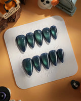 Glint Aurora press-on nails — deep teal cat eye shimmer handmade nail art by Joyee Nails