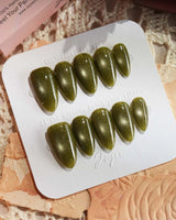 Glint Olive press-on nails — olive green cat eye shimmer handmade nail art by Joyee Nails
