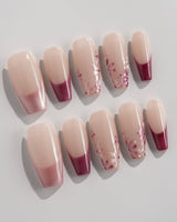 Glow Garden press-on nails in medium coffin shape — Magenta Cat Eye, French Tips & Hand-painted Florals.