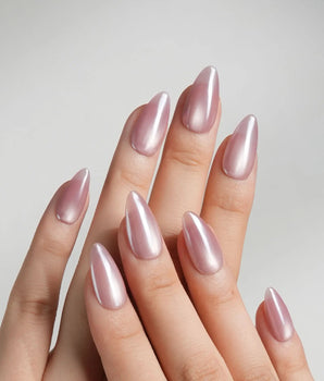 Glow Pop handmade press-on nails featuring Rose Pink Cat-eye with Chrome Overlay