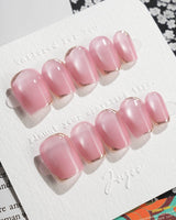Glowing Stone - New Edition press-on nails in extra short coffin shape — Gentle Rose Cat Eye, Simple Silver Outlines.
