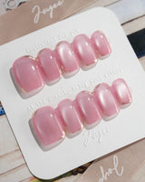Glowing Stone - New Edition press-on nails in extra short square shape — Gentle Rose Cat Eye, Simple Silver Outlines.