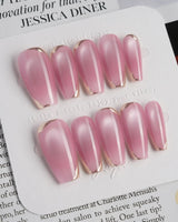 Glowing Stone - New Edition press-on nails in medium coffin shape — Gentle Rose Cat Eye, Simple Silver Outlines.
