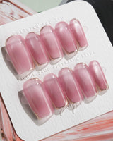 Glowing Stone - New Edition press-on nails in medium square shape — Gentle Rose Cat Eye, Simple Silver Outlines.