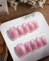 Glowing Stone - New Edition press-on nails in short square shape — Gentle Rose Cat Eye, Simple Silver Outlines.