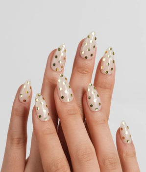 Golden Dot Short Almond press on nails, handmade custom nails by Joyeenails