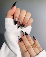 Gorgeous Gown press-on nails — black white gradient rhinestone bow y2k nails handmade nail art by Joyee Nails