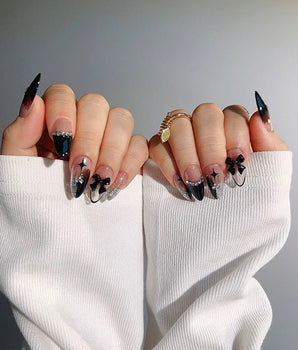 Gorgeous Gown handmade press-on nails featuring black white gradient rhinestone bow y2k nails