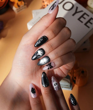 Gothic Dollhouse pink goth press on nails with a black candelabra, silver mirror, crosses, 3D gold roses and a skull on pink and black - image 4