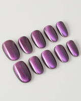 Grape Color Cat-eye press-on nails in short oval shape — purple cat eye nails