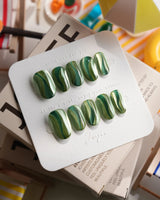 Green Ribbons Short Oval press on nails, handmade custom nails by Joyeenails