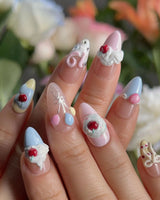 Happy Birthday nail art close-up showing Sweet Cream Cake, 3D Cherries & Colorful Balloons. details