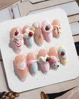 Happy Birthday press-on nails in medium almond shape — Sweet Cream Cake, 3D Cherries & Colorful Balloons.