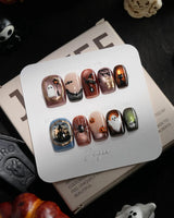 Haunted Manor handmade press-on nails in extra short square shape by Joyee Nails