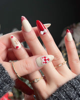 Holy night press-on nails — Festive Christmas, Gingerbread Man & Hearts. handmade nail art by Joyee Nails