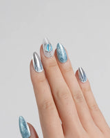 Frozen Dream press-on nails — ice blue ombre silver chrome snowflake charm handmade nail art by Joyee Nails