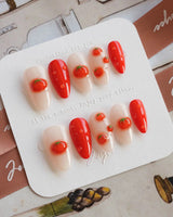 Icy Tomato bright garden nail art with dewdrops and orange-red gel fruit charms