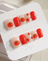 Icy Tomato clear jelly nail set with tiny red tomatoes and glossy water drops