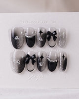 Gorgeous Gown press-on nails — black white gradient rhinestone bow y2k nails handmade nail art by Joyee Nails