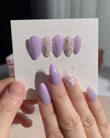 Flower Sea press-on nails — Lavender chrome and Hand-painted White Florals handmade nail art by Joyee Nails