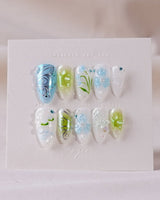 Lotus Breeze press-on nails — Pearly and 3D Sculpted Florals handmade nail art by Joyee Nails