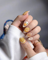 Juicy Juicy close-up of glossy orange pulp texture and 3D fruit accents