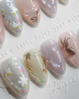 Koi Dream press-on nails in extra short almond shape — Shimmering Mermaid Pearl, Metallic Relief Goldfish & cat eye effict.