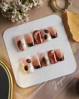 Latte Coffee press-on nails with caramel brown tones, milk foam accents and 3D coffee beans